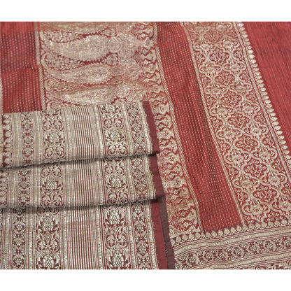 Sanskriti Vintage Dark Red Saree Pure Satin Silk Banarasi/Brocade Sari Sustainable Fabric