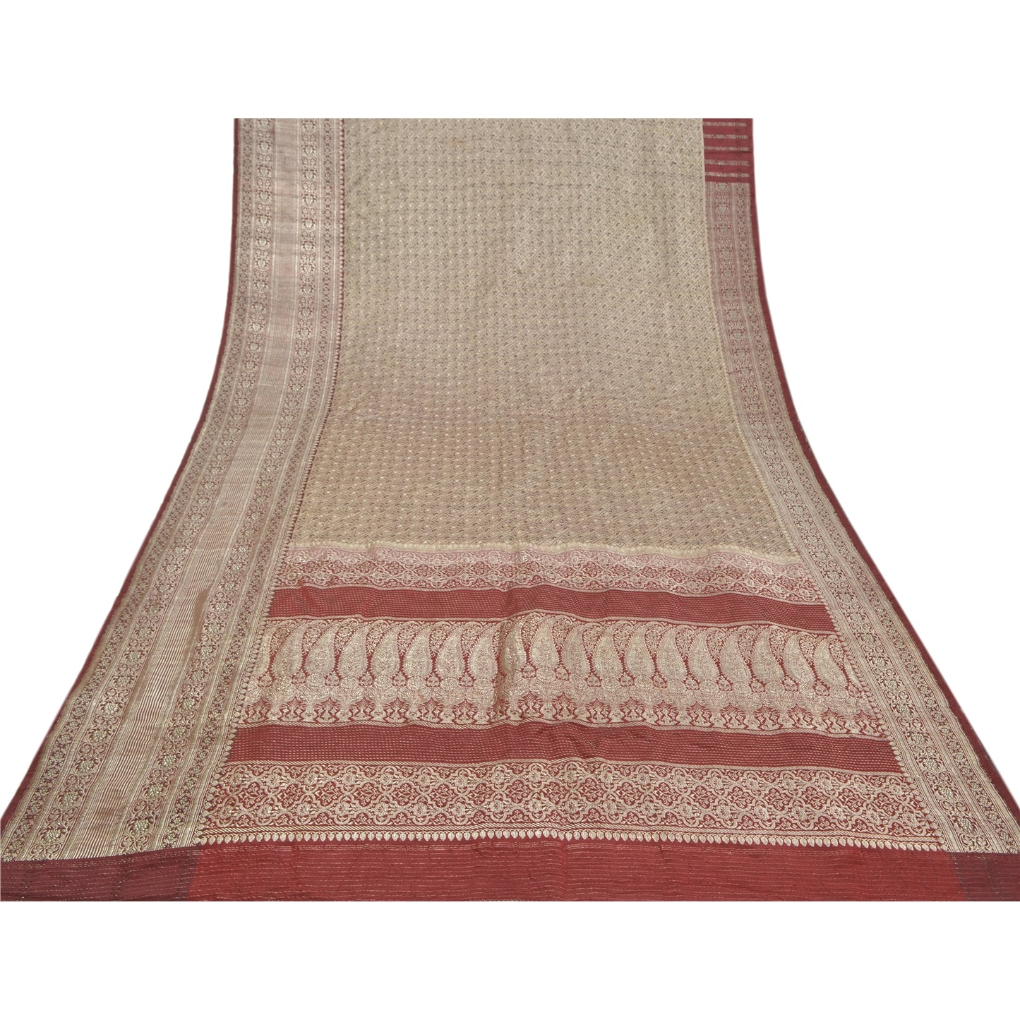 Sanskriti Vintage Dark Red Saree Pure Satin Silk Banarasi/Brocade Sari Sustainable Fabric