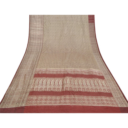 Sanskriti Vintage Dark Red Saree Pure Satin Silk Banarasi/Brocade Sari Sustainable Fabric