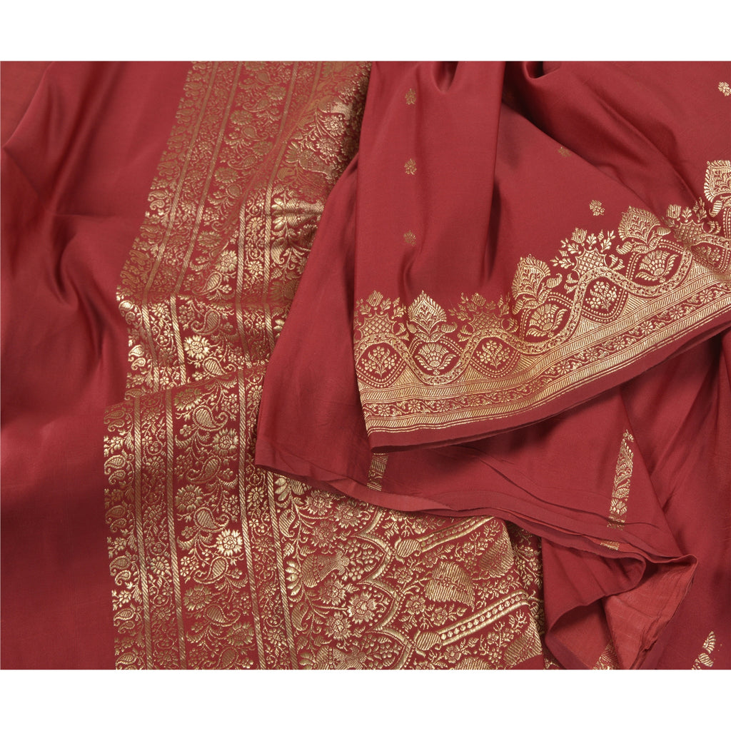 Sanskriti Vintage Saree Dark Red Bollywood Women Wedding 5yd Sarees Blend Satin Zari Hand Woven Partywear 5+Yd Craft Fabric Decor DIY Project
