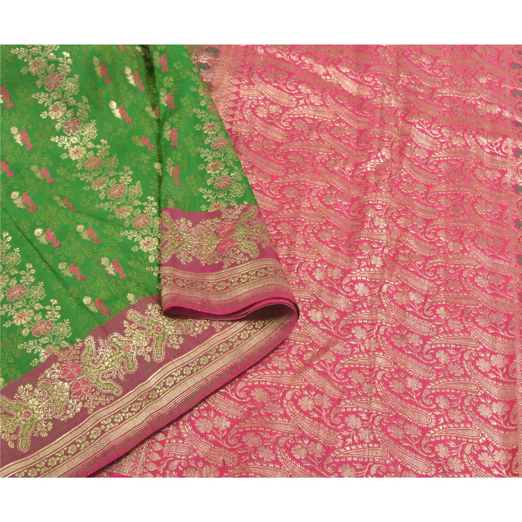 Sanskriti Vintage Heavy Green Sarees Pure Satin Silk Woven Brocade Sari Fabric