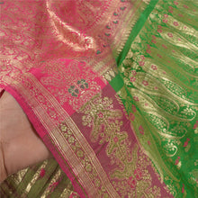Load image into Gallery viewer, Sanskriti Vintage Heavy Green Sarees Pure Satin Silk Woven Brocade Sari Fabric
