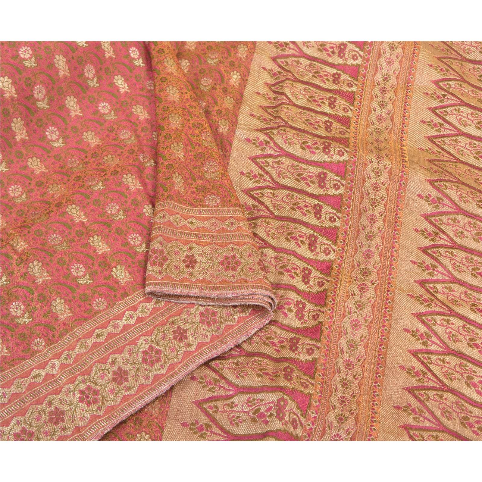 Sanskriti Vintage Sari Dark Pink 100% Pure Silk Brocade 5+Yard Saree: Hand Woven Zari Wedding Saree Sustainable Fabric For Crafting,