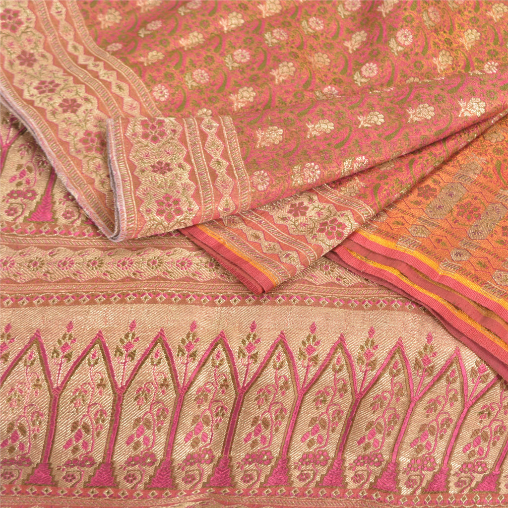 Sanskriti Vintage Sari Dark Pink 100% Pure Silk Brocade 5+Yard Saree: Hand Woven Zari Wedding Saree Sustainable Fabric For Crafting,