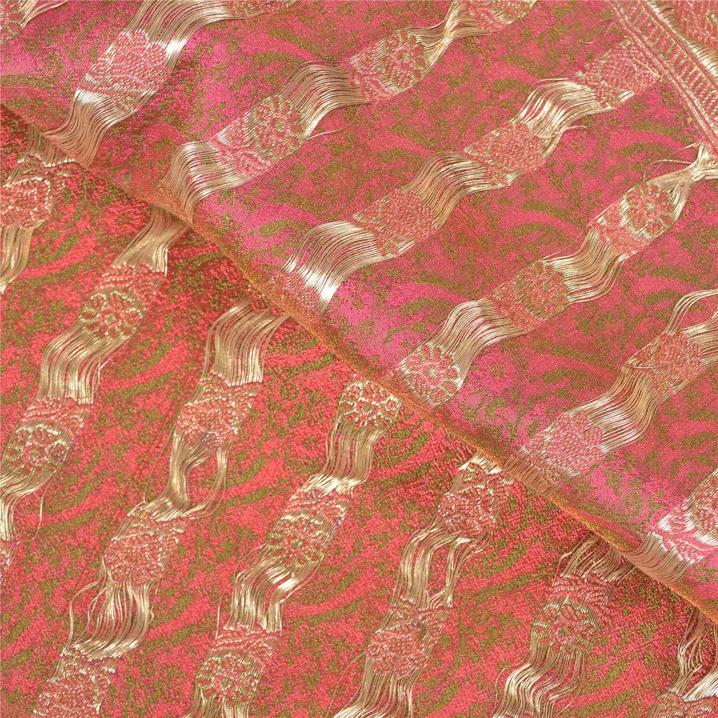 Sanskriti Vintage Sari Dark Pink 100% Pure Silk Brocade 5+Yard Saree: Hand Woven Zari Wedding Saree Sustainable Fabric For Crafting,