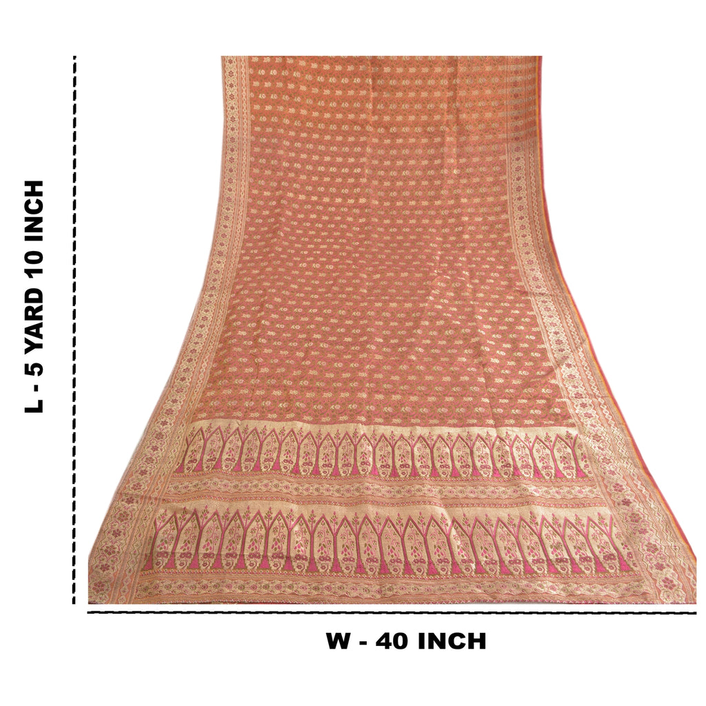 Sanskriti Vintage Sari Dark Pink 100% Pure Silk Brocade 5+Yard Saree: Hand Woven Zari Wedding Saree Sustainable Fabric For Crafting,