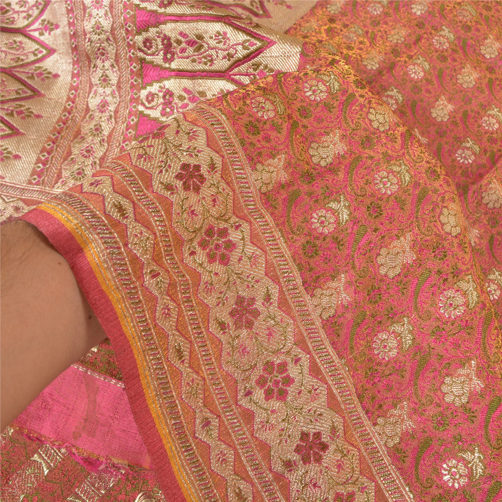 Sanskriti Vintage Sari Dark Pink 100% Pure Silk Brocade 5+Yard Saree: Hand Woven Zari Wedding Saree Sustainable Fabric For Crafting,