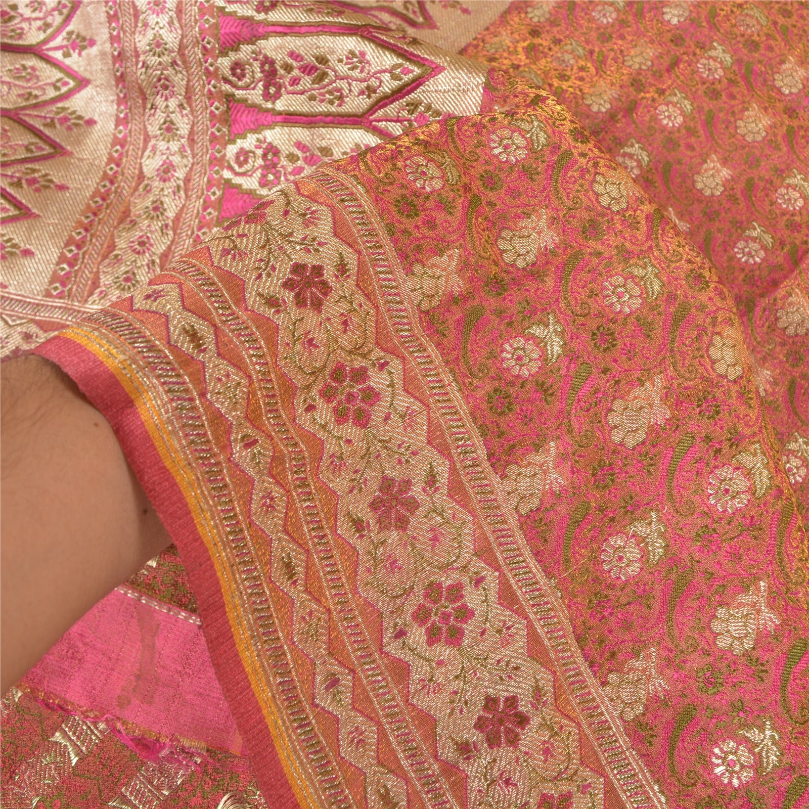 Sanskriti Vintage Sari Dark Pink 100% Pure Silk Brocade 5+Yard Saree: Hand Woven Zari Wedding Saree Sustainable Fabric For Crafting,