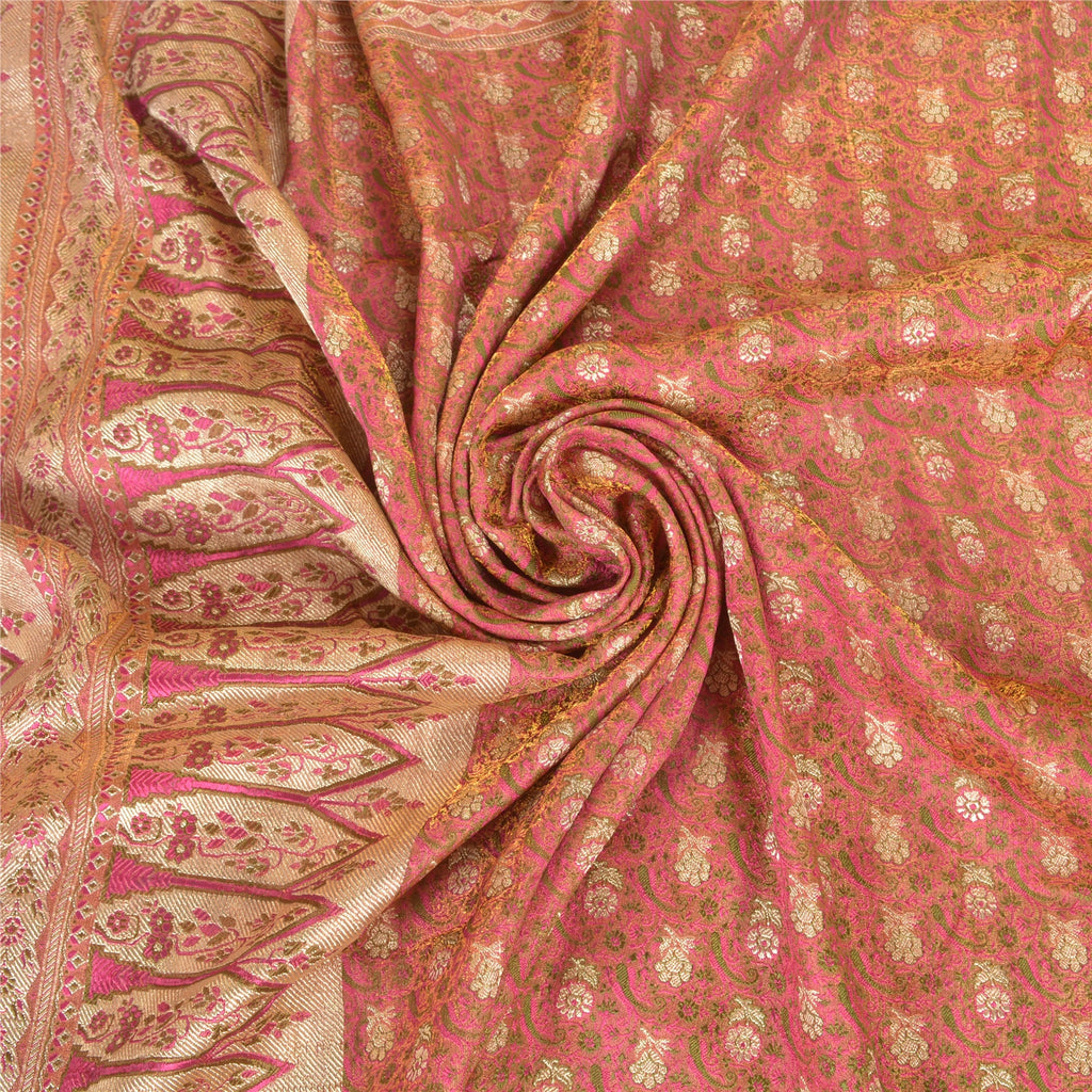 Sanskriti Vintage Sari Dark Pink 100% Pure Silk Brocade 5+Yard Saree: Hand Woven Zari Wedding Saree Sustainable Fabric For Crafting,