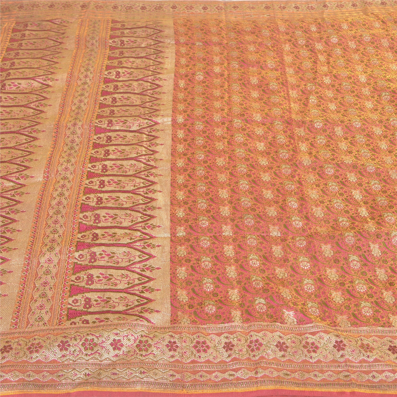 Sanskriti Vintage Sari Dark Pink 100% Pure Silk Brocade 5+Yard Saree: Hand Woven Zari Wedding Saree Sustainable Fabric For Crafting,