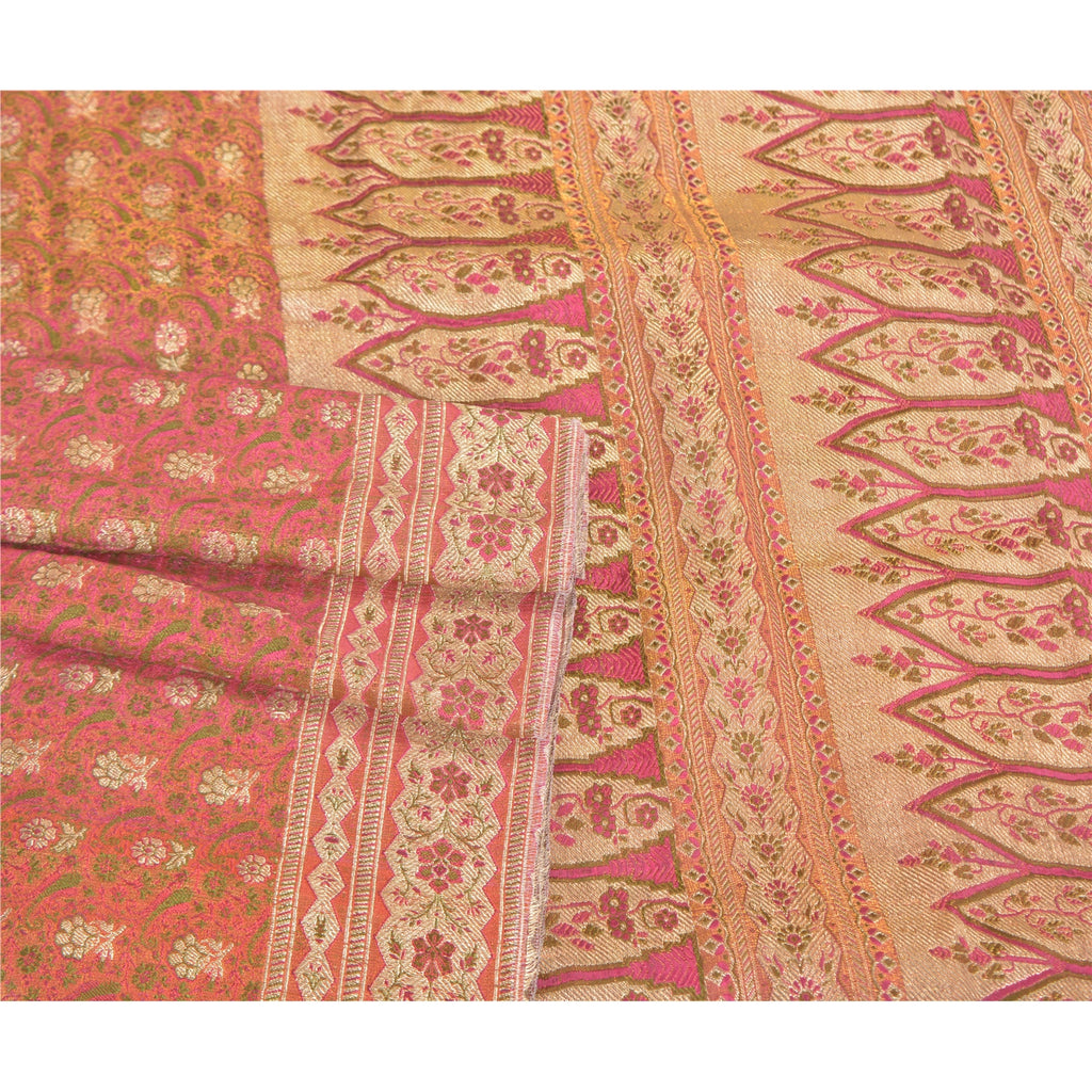 Sanskriti Vintage Sari Dark Pink 100% Pure Silk Brocade 5+Yard Saree: Hand Woven Zari Wedding Saree Sustainable Fabric For Crafting,