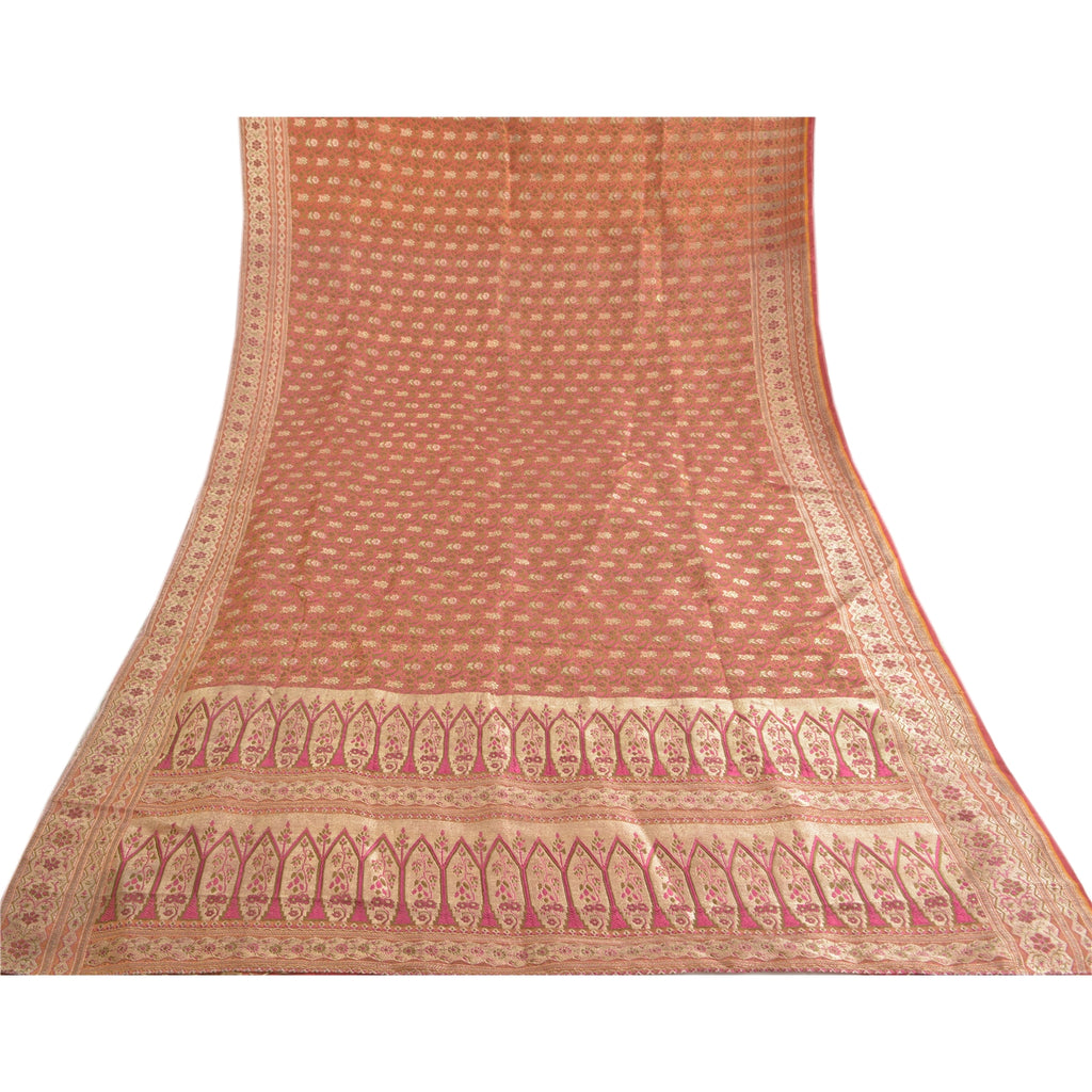 Sanskriti Vintage Sari Dark Pink 100% Pure Silk Brocade 5+Yard Saree: Hand Woven Zari Wedding Saree Sustainable Fabric For Crafting,