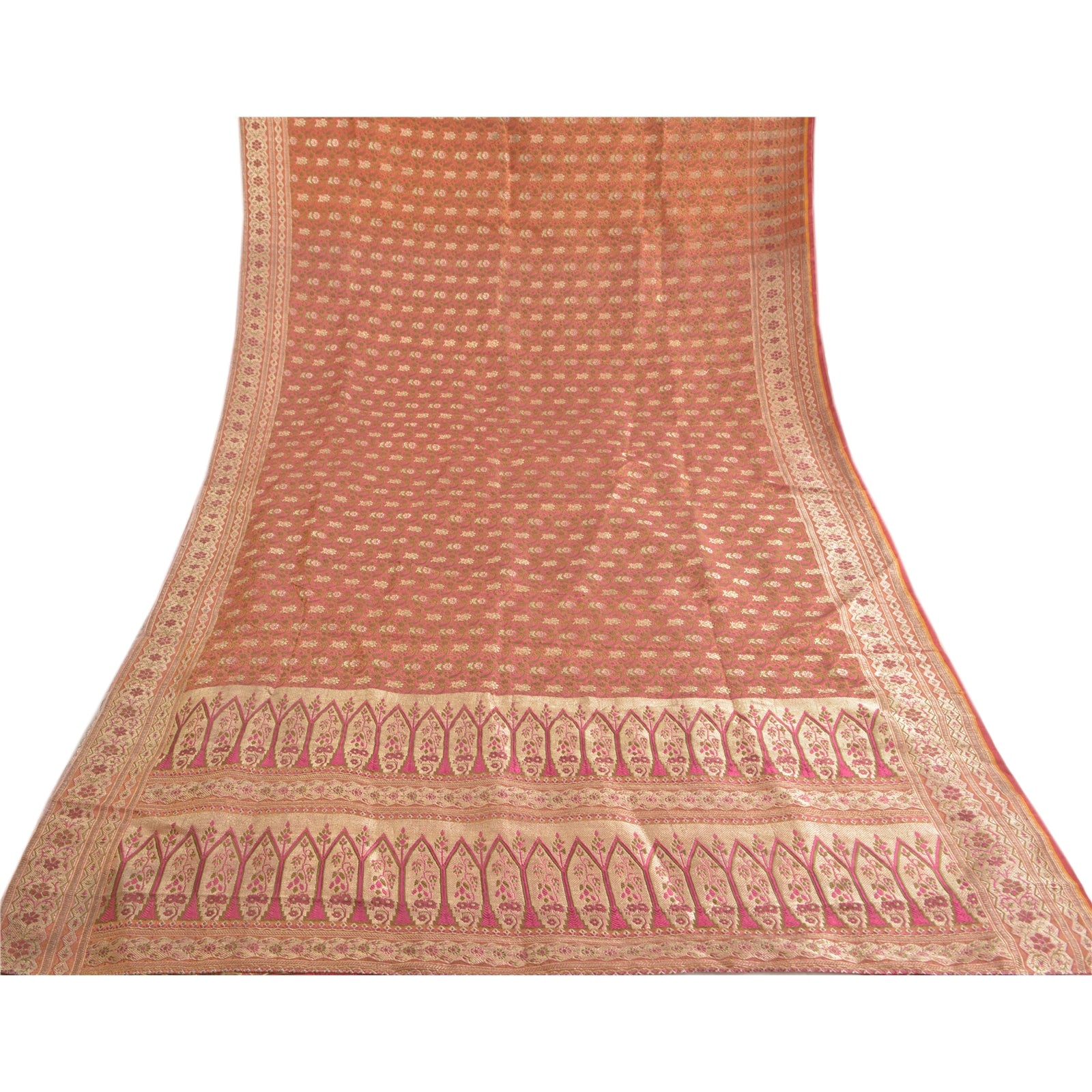 Sanskriti Vintage Sari Dark Pink 100% Pure Silk Brocade 5+Yard Saree: Hand Woven Zari Wedding Saree Sustainable Fabric For Crafting,