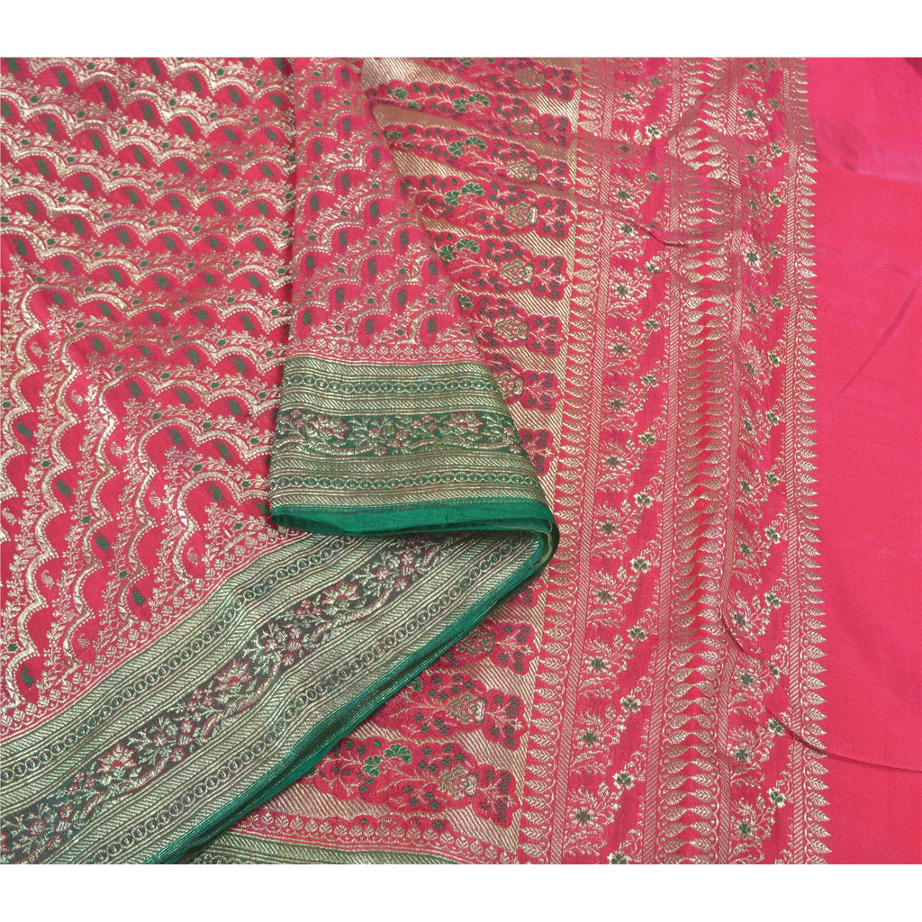 Sanskriti Vintage Pink Heavy Wedding Sarees Satin Woven Brocade Sari Sustainable Fabric