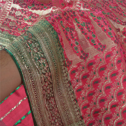 Sanskriti Vintage Pink Heavy Wedding Sarees Satin Woven Brocade Sari Sustainable Fabric