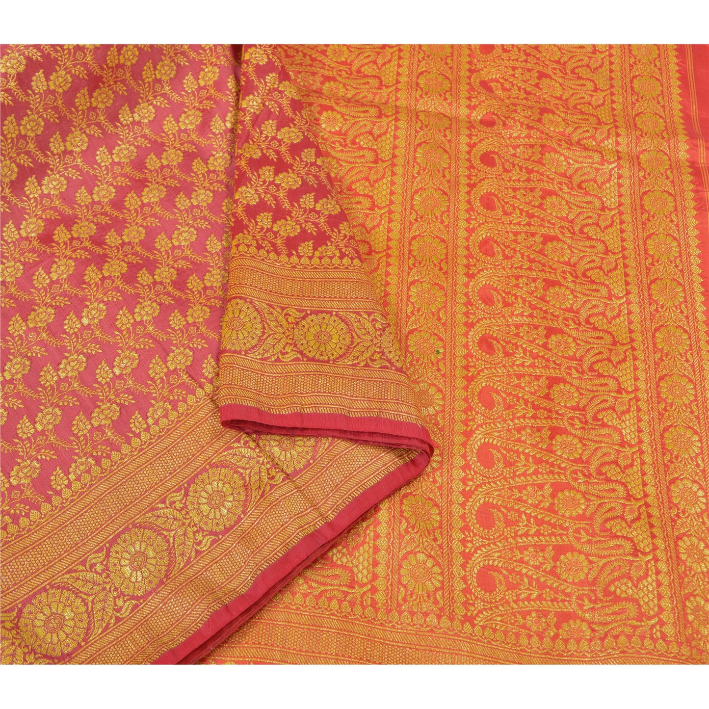 Sanskriti Vintage Pink Heavy Wedding Sarees Satin Banarasi Woven Sari 5 Yard Sustainable Fabric