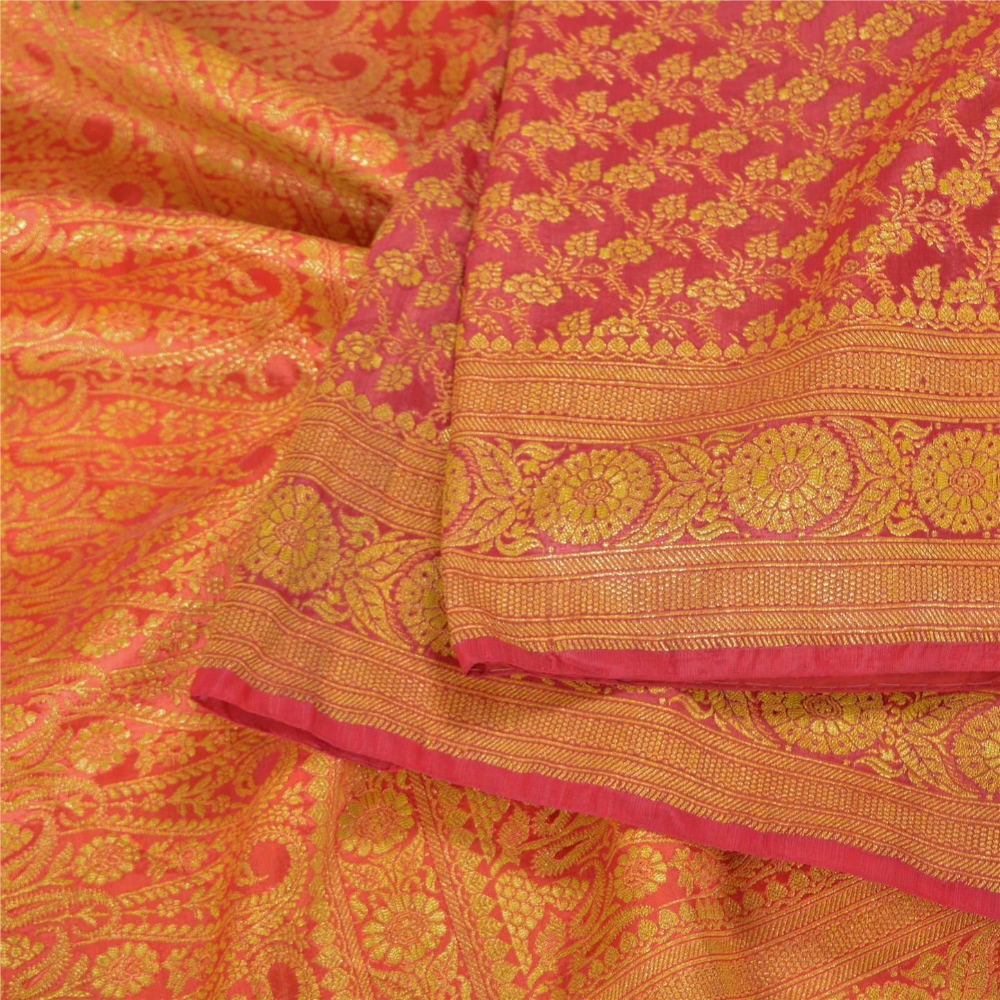 Sanskriti Vintage Pink Heavy Wedding Sarees Satin Banarasi Woven Sari 5 Yard Sustainable Fabric
