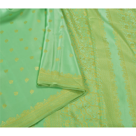 Sanskriti Vintage Green Heavy Indian Sarees Satin Woven Sari 5 Yard Sustainable Fabric