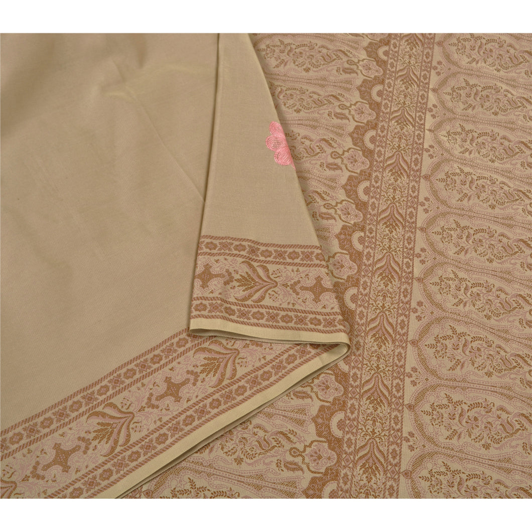 Sanskriti Vintage Heavy Beige Sarees Satin Hand Embroidered Woven Sari Fabric