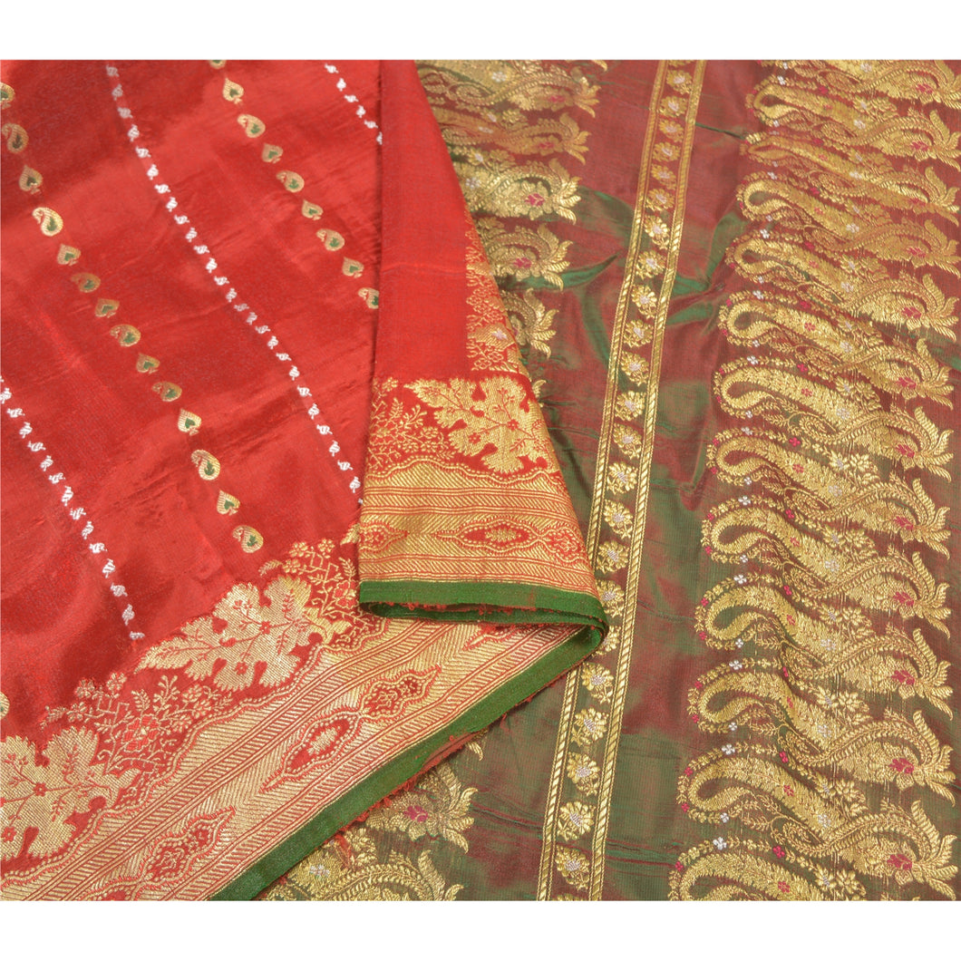 Sanskriti Vintage Red Heavy Wedding Sarees Blend Silk Woven Brocade Sari Fabric