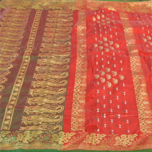 Sanskriti Vintage Red Heavy Wedding Sarees Blend Silk Banarasi Woven Brocade Sari Sustainable Fabric