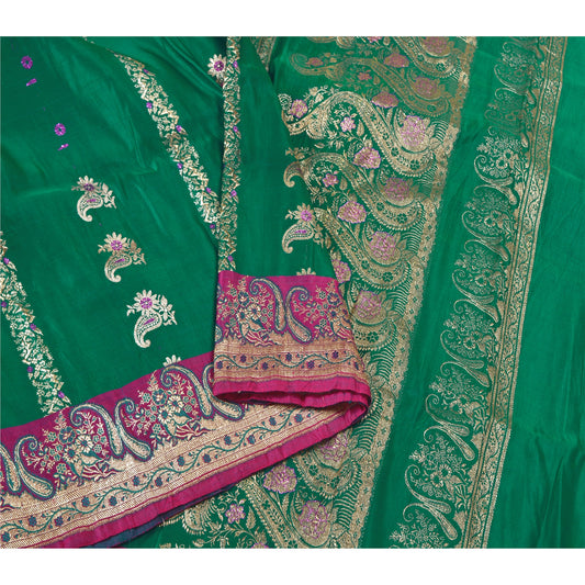 Sanskriti Vintage Green Heavy Sarees Pure Satin Silk Woven Brocade Sari Sustainable Fabric
