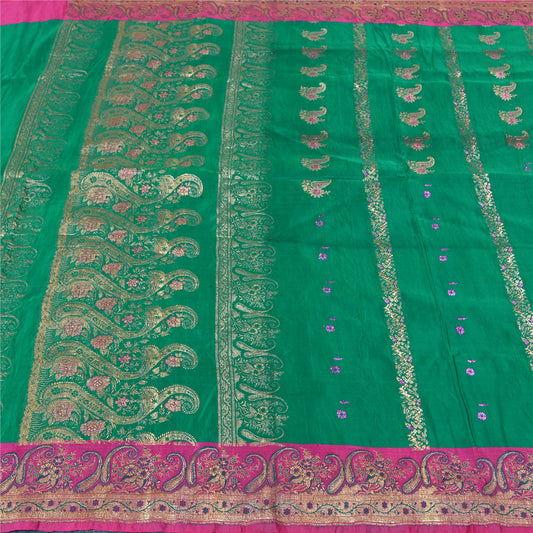 Sanskriti Vintage Green Heavy Sarees Pure Satin Silk Woven Brocade Sari Sustainable Fabric
