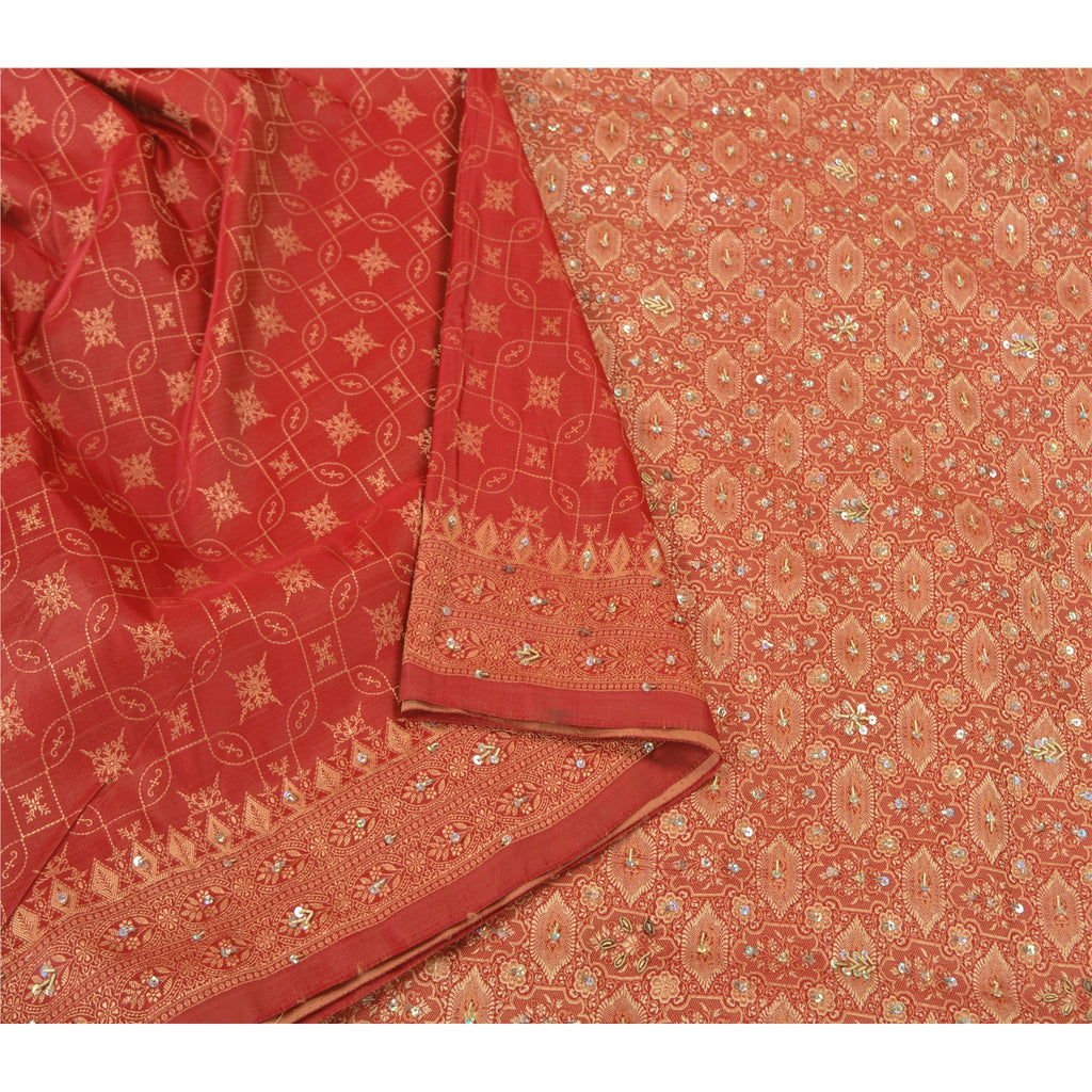 Sanskriti Vintage Brick Red Heavy Sarees Pure Silk Hand Beaded Banarasi Woven Sari Sustainable Fabric