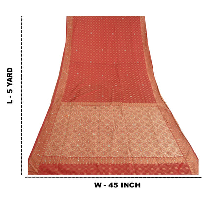 Sanskriti Vintage Brick Red Heavy Sarees Pure Silk Hand Beaded Banarasi Woven Sari Sustainable Fabric