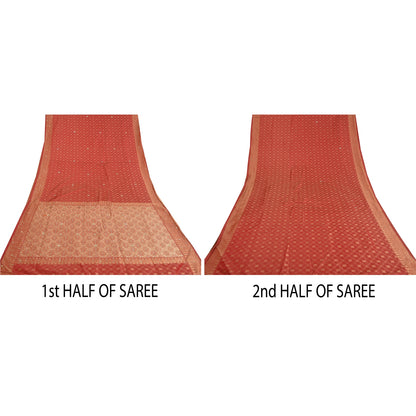 Sanskriti Vintage Brick Red Heavy Sarees Pure Silk Hand Beaded Banarasi Woven Sari Sustainable Fabric