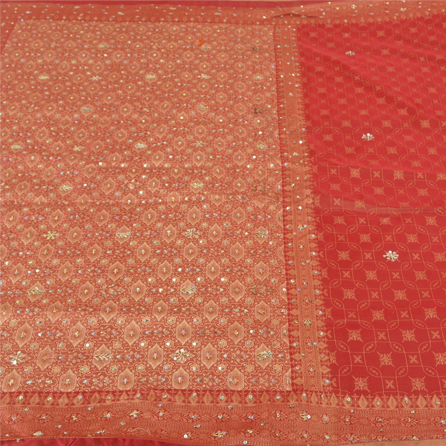 Sanskriti Vintage Brick Red Heavy Sarees Pure Silk Hand Beaded Banarasi Woven Sari Sustainable Fabric
