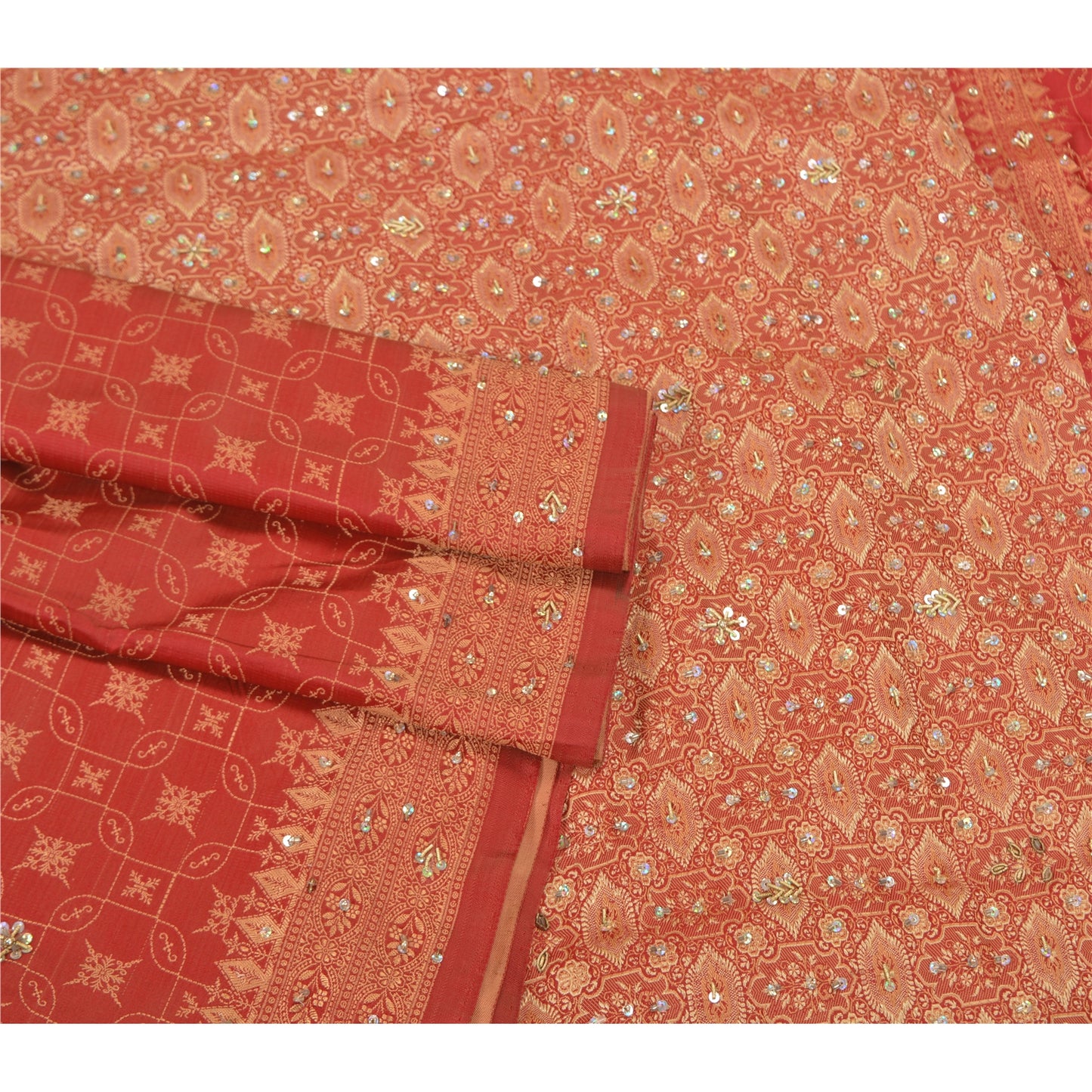 Sanskriti Vintage Brick Red Heavy Sarees Pure Silk Hand Beaded Banarasi Woven Sari Sustainable Fabric