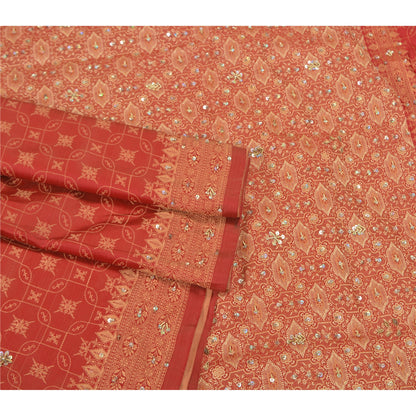 Sanskriti Vintage Brick Red Heavy Sarees Pure Silk Hand Beaded Banarasi Woven Sari Sustainable Fabric