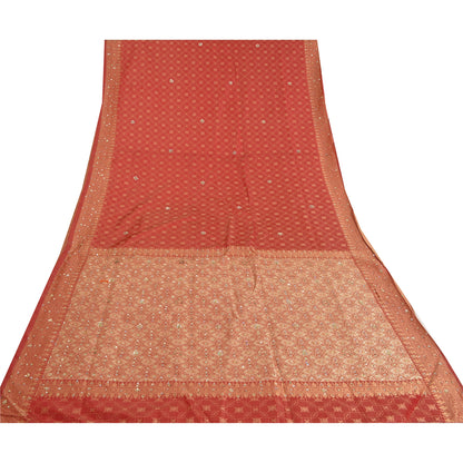 Sanskriti Vintage Brick Red Heavy Sarees Pure Silk Hand Beaded Banarasi Woven Sari Sustainable Fabric