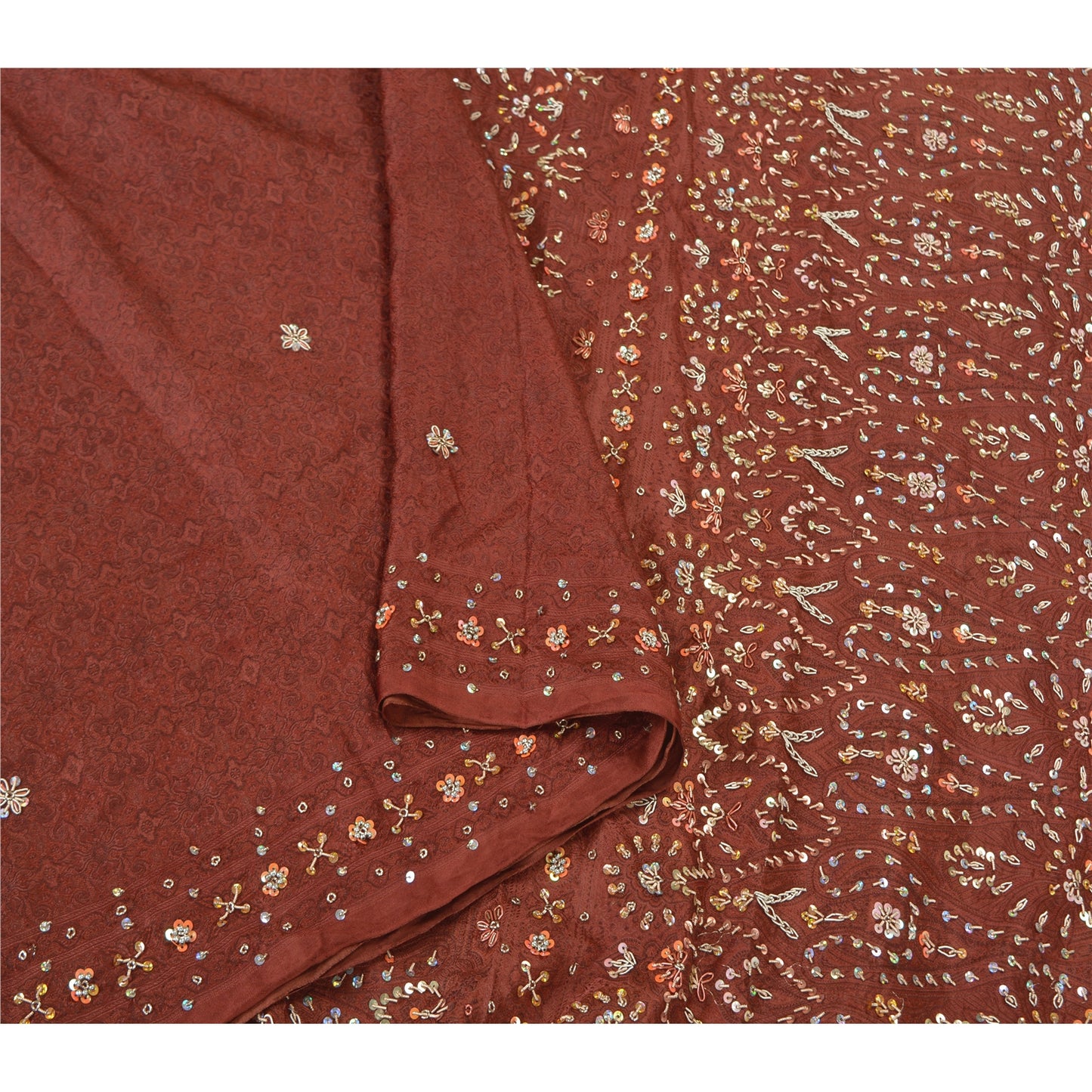 Sanskriti Vintage Brown Heavy Sarees Pure Satin Silk Beaded Woven Sari Sustainable Fabric