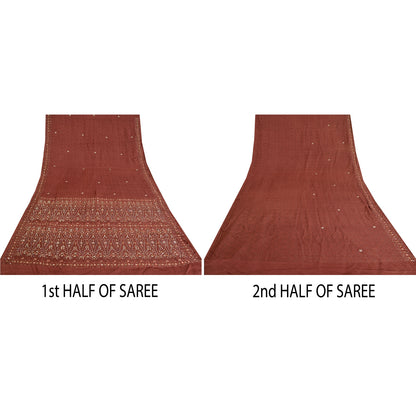 Sanskriti Vintage Brown Heavy Sarees Pure Satin Silk Beaded Woven Sari Sustainable Fabric