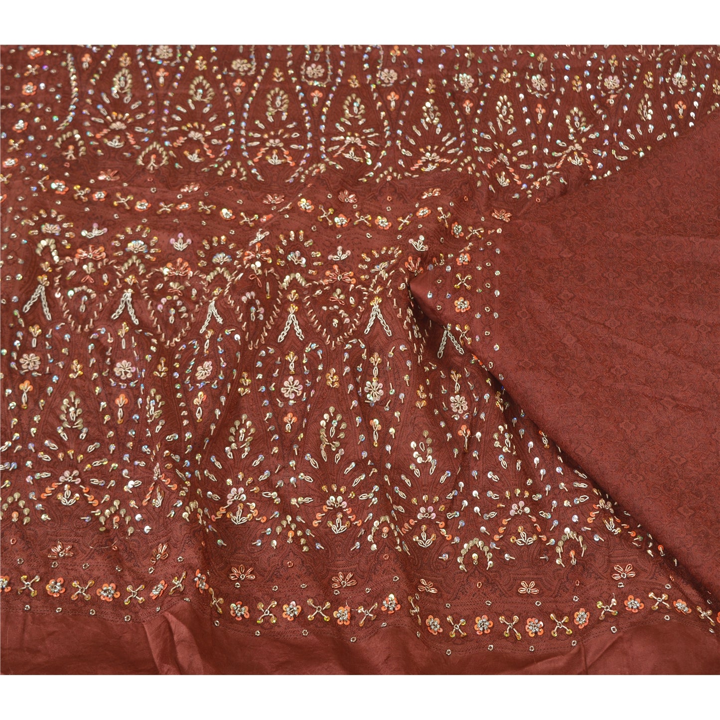 Sanskriti Vintage Brown Heavy Sarees Pure Satin Silk Beaded Woven Sari Sustainable Fabric