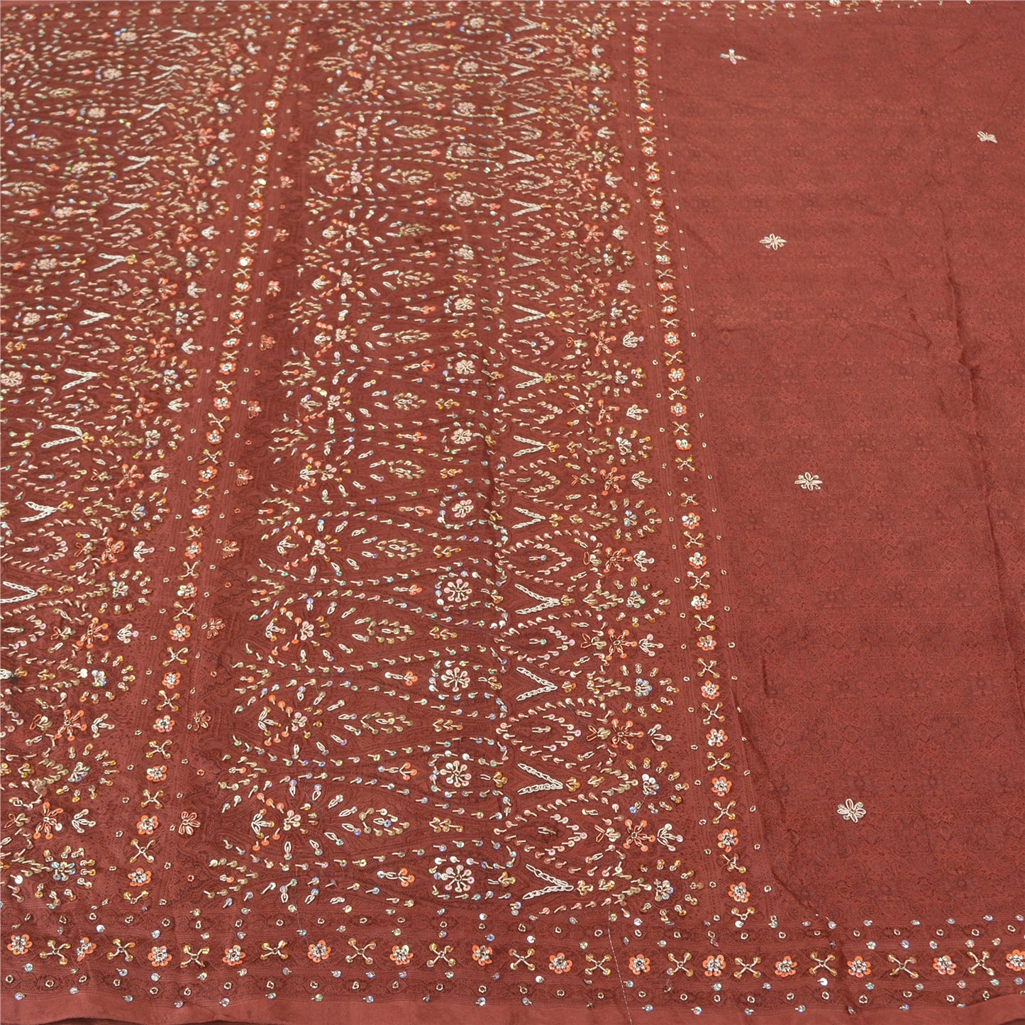 Sanskriti Vintage Brown Heavy Sarees Pure Satin Silk Beaded Woven Sari Sustainable Fabric