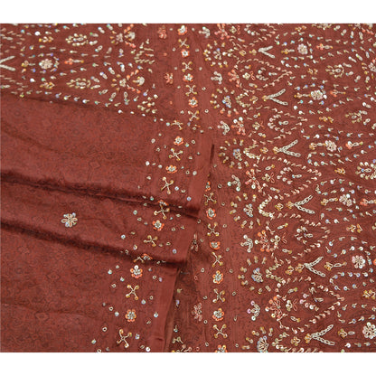 Sanskriti Vintage Brown Heavy Sarees Pure Satin Silk Beaded Woven Sari Sustainable Fabric