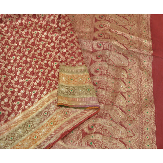 Sanskriti Vintage Red Heavy Wedding Sarees Pure Silk Woven Banarasi Brocade Sari Sustainable Fabric