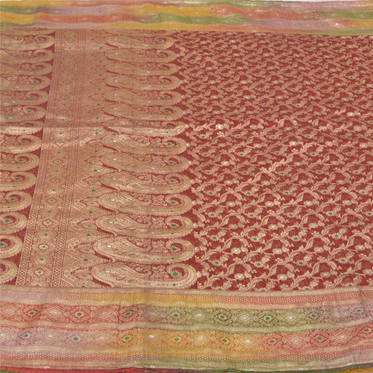 Sanskriti Vintage Red Heavy Wedding Sarees Pure Silk Woven Banarasi Brocade Sari Sustainable Fabric