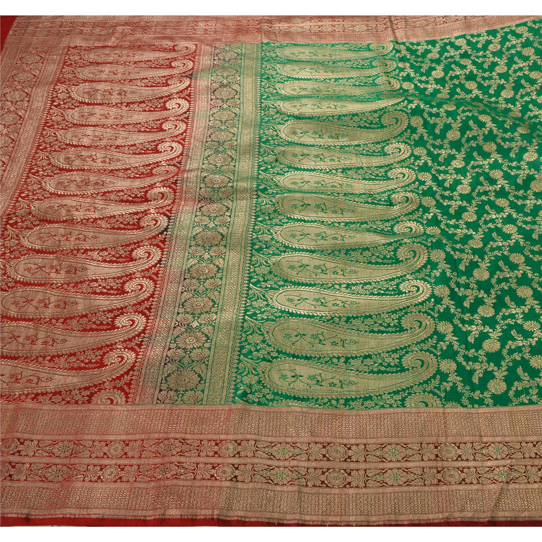 Sanskriti Vintage Green Heavy Saree Blend Silk Banarasi Brocade 5 Yd Fabric Sari