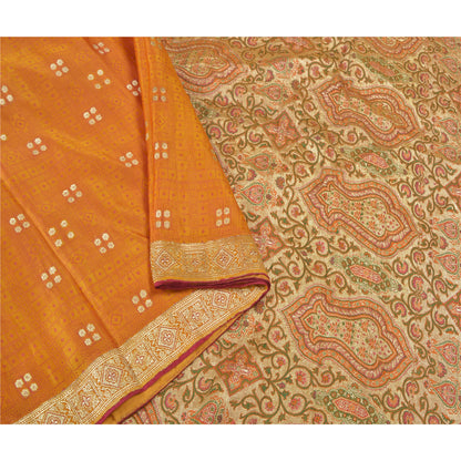 Sanskriti Vintage Heavy Saffron Sarees Pure Satin Silk Woven Brocade Sari Sustainable Fabric