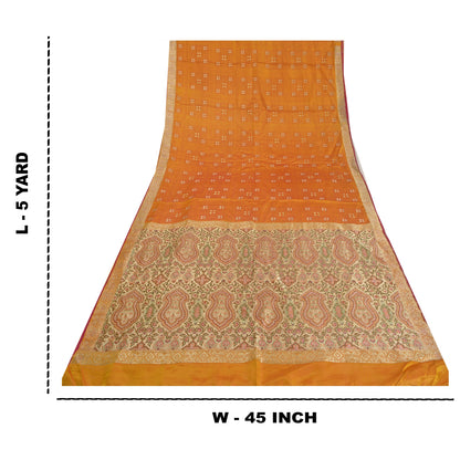 Sanskriti Vintage Heavy Saffron Sarees Pure Satin Silk Woven Brocade Sari Sustainable Fabric
