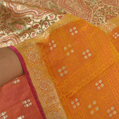 Sanskriti Vintage Heavy Saffron Sarees Pure Satin Silk Woven Brocade Sari Sustainable Fabric