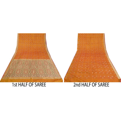 Sanskriti Vintage Heavy Saffron Sarees Pure Satin Silk Woven Brocade Sari Sustainable Fabric