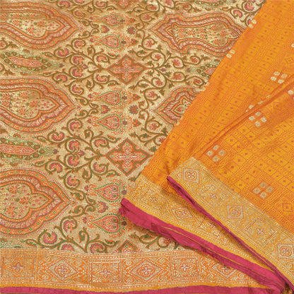 Sanskriti Vintage Heavy Saffron Sarees Pure Satin Silk Woven Brocade Sari Sustainable Fabric