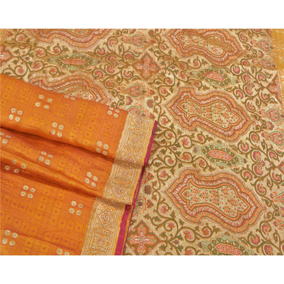 Sanskriti Vintage Heavy Saffron Sarees Pure Satin Silk Woven Brocade Sari Sustainable Fabric