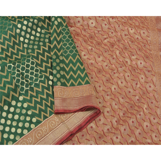Sanskriti Vintage Green Heavy Indian Sarees Pure Silk Woven Sari 5 Yard Sustainable Fabric