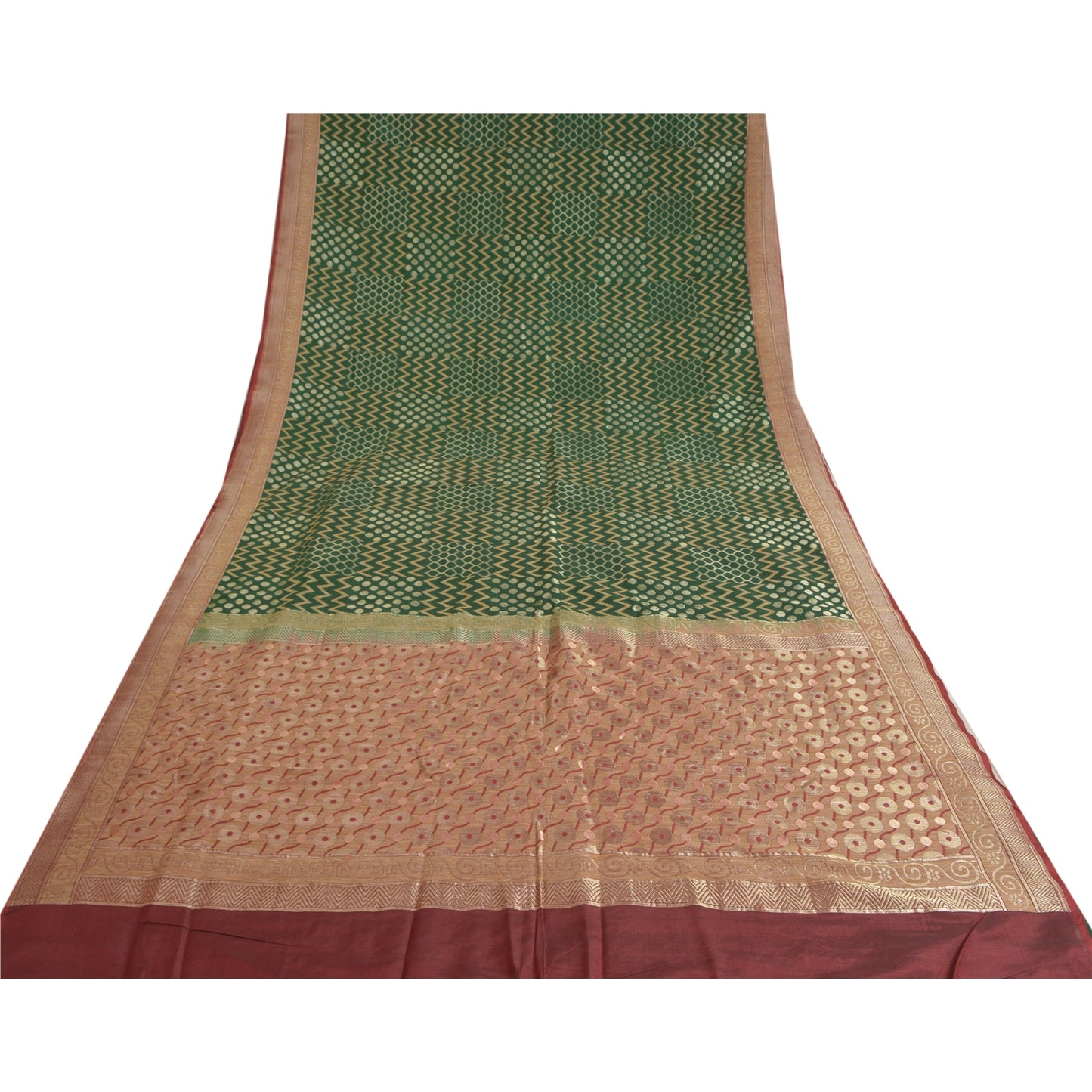 Sanskriti Vintage Green Heavy Indian Sarees Pure Silk Woven Sari 5 Yard Sustainable Fabric